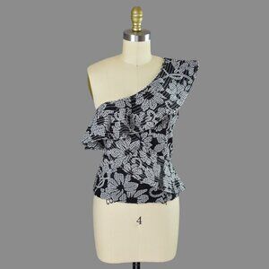 ZARA WOMAN FLORAL PRINT BLACK ONE SHOULDER RUFFLE TOP